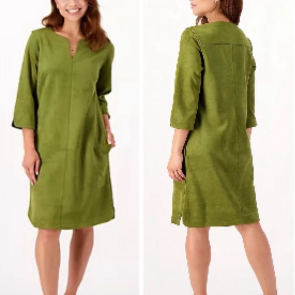 Bridgehampton Isaac Mizrahi Size 2XP Olive Green 3/4 Sleeve Faux Suede Dress